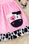 Pink polka dot cow applique dress w/ruffle trim. DRG50391 SOL