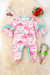 Santa printed on baby with mint trim baby romper. RPG53721 AMY