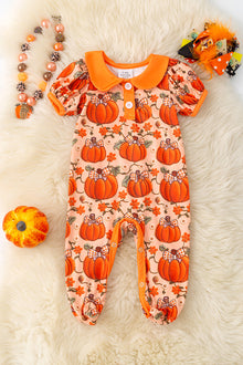  Fall pumpkin printed girls baby onesie with footie. RPG53722 SOL