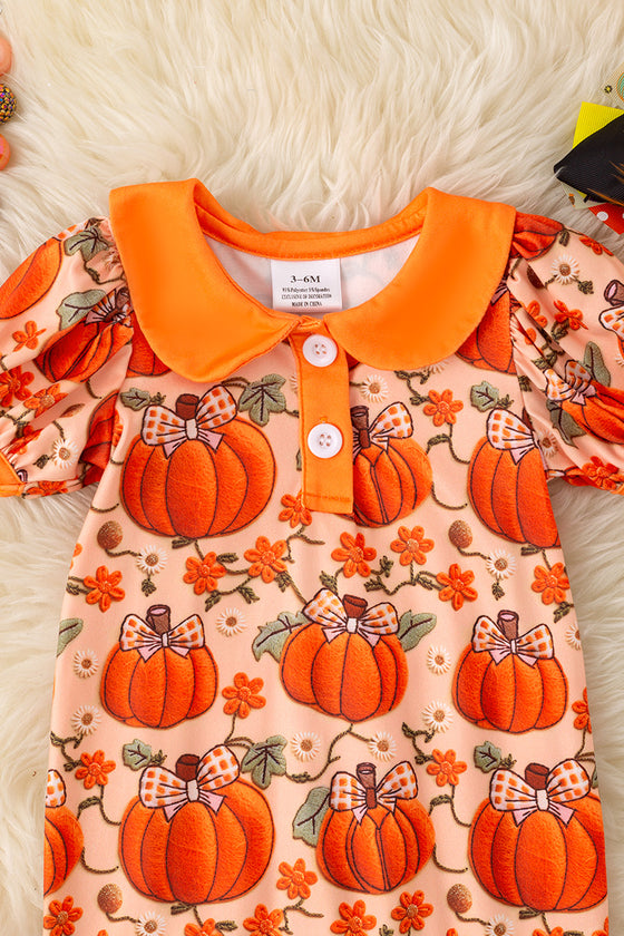 Fall pumpkin printed girls baby onesie with footie. RPG53722 SOL