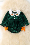 Fall, green velvety fabric baby onesie with embroidered details. OFG51490 JEAN