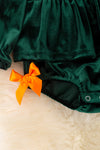 Fall, green velvety fabric baby onesie with embroidered details. OFG51490 JEAN