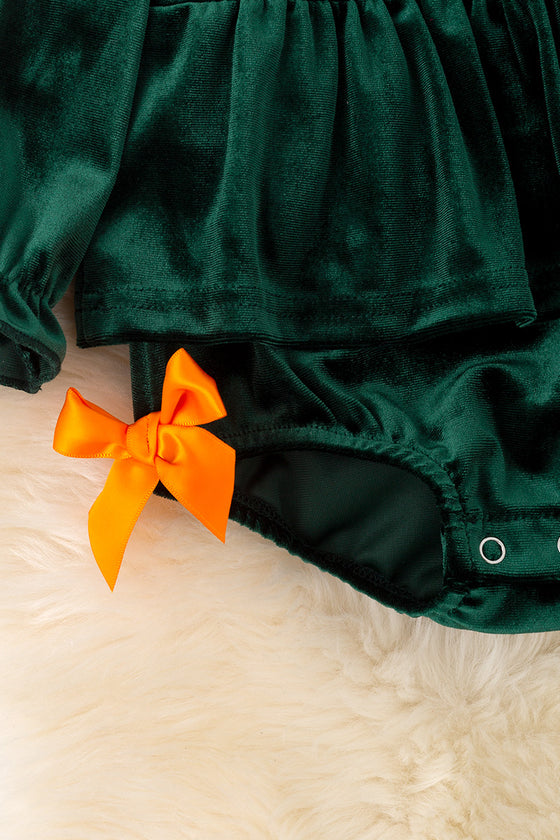 Fall, green velvety fabric baby onesie with embroidered details. OFG51490 JEAN