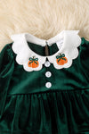 Fall, green velvety fabric baby onesie with embroidered details. OFG51490 JEAN
