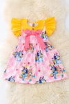 Pink Blue* & plaid printed girls dress with yellow sleeves. DRG50703 SOL