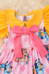 Pink Blue* & plaid printed girls dress with yellow sleeves. DRG50703 SOL