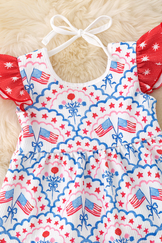 Flag printed girls twirl top & ruffle short set. OFG50219 AMY