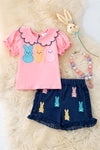 Peep applique bubble sleeve top & dark blue ruffle shorts.  OFG50166 JEAN