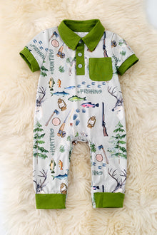  Hunting buddy baby romper with green hem. RPB50189 AMY