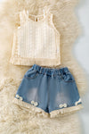Ivory lace tank top w/spaghetti top & shorts.  OFG60438 AMY