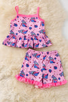 Blue Cat printed on pink girls short set. OFG60969 AMY
