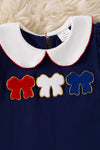 Bow applique on navy blue dress. DRG60697 Jean