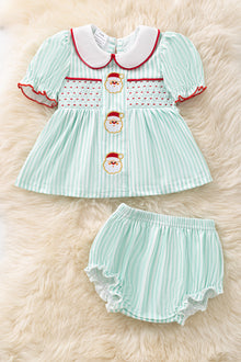  Mint & white stripe santa smock baby set. OFG51669 AMY