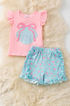 Floral Seashell applique on pink top and aqua floral printed shorts. OFG60255 JEAN