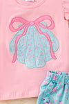 Floral Seashell applique on pink top and aqua floral printed shorts. OFG60255 JEAN