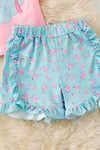 Floral Seashell applique on pink top and aqua floral printed shorts. OFG60255 JEAN
