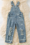 Lt. Blue star bleached denim overalls with distressed detail. PNG50818 AMY