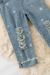 Lt. Blue star bleached denim overalls with distressed detail. PNG50818 AMY