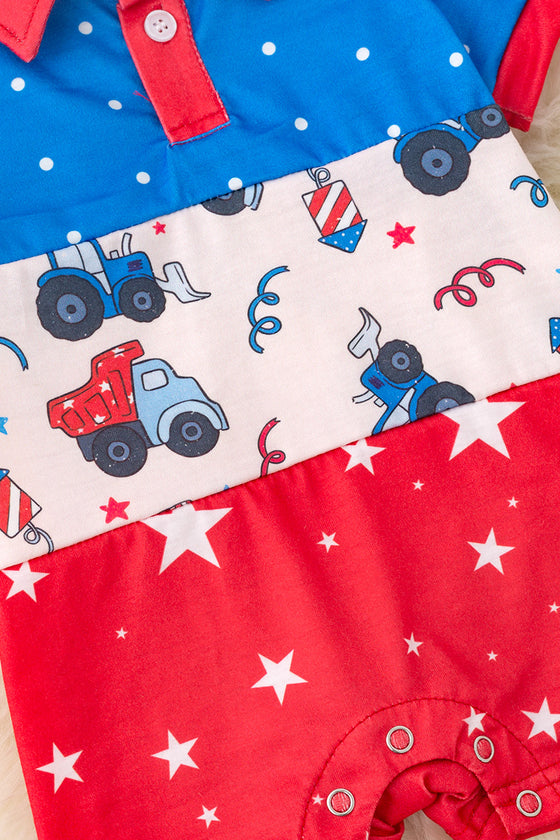 Multi-printed patriotic boys baby romper with snaps. RPB50202 SOL