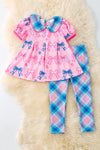 Coquette bow printed girls tunic & plaid leggings. OFG50528 Jean