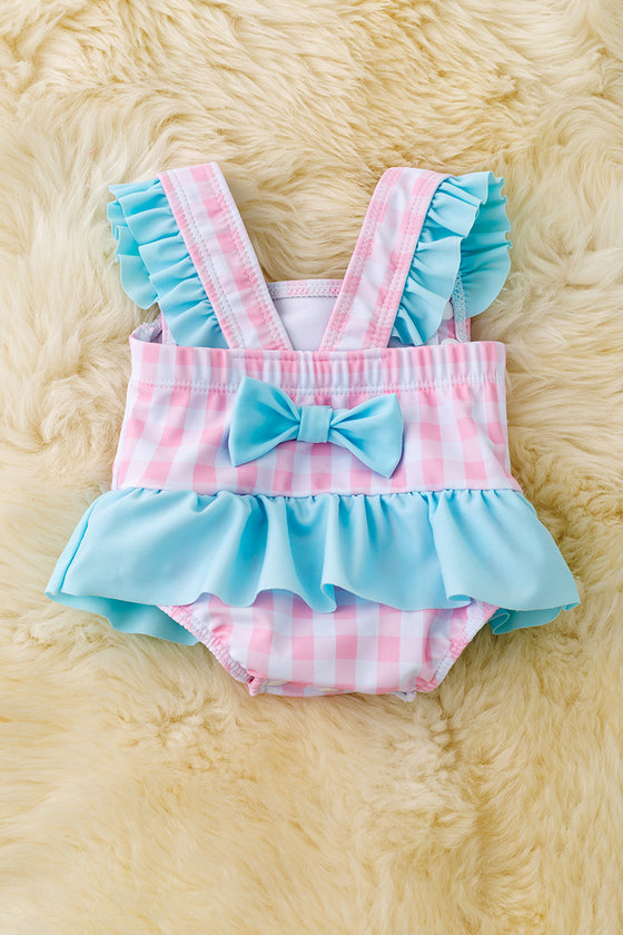 Super Cute gingham/character printed baby swimsuit.  SWG50157 SOL