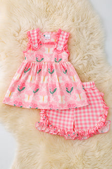  Pink butterfly/floral printed gingham girls 2 piece set. OFG50352 AMY