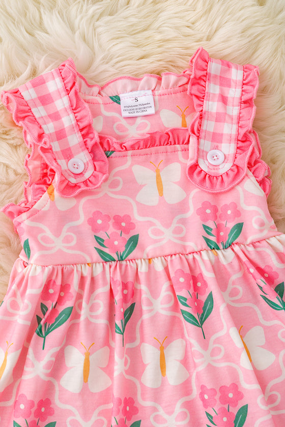 Pink butterfly/floral printed gingham girls 2 piece set. OFG50352 AMY