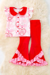 Back to school pink coquette bow printed top & red pants. OFG50532 Jean