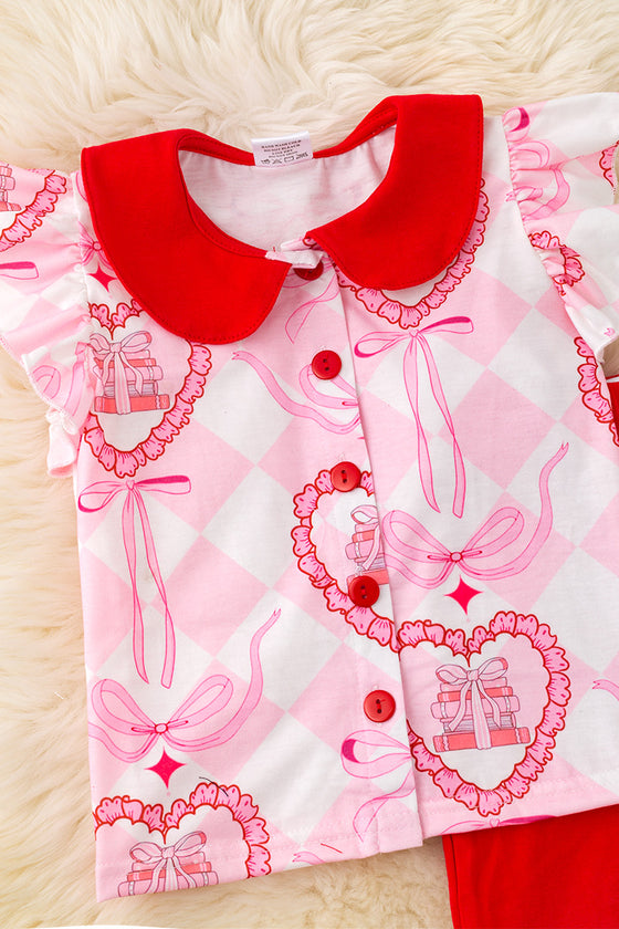 Back to school pink coquette bow printed top & red pants. OFG50532 Jean