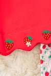 Red scalloped trim strawberry applique top & cream strawberry shorts. OFG50360amy