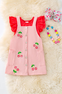  Plaid cherry applique on pink corduroy dress & red under shirt. OFG50395 JEA