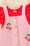 Plaid cherry applique on pink corduroy dress & red under shirt. OFG50395 JEA