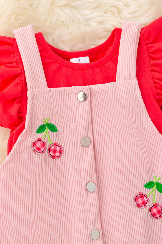 Plaid cherry applique on pink corduroy dress & red under shirt. OFG50395 JEA