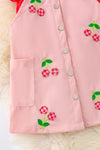 Plaid cherry applique on pink corduroy dress & red under shirt. OFG50395 JEA