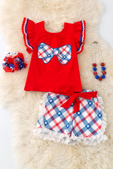  Red coquette bow applique top & plaid shorts. OFG50590 Jean