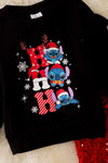 OFG41984 JEAN: HO HO HO" Black ruffle sleeve sweatshirt & sequins bottoms.