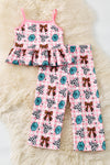 Pink gingham w/printed concho, coquette bow & cow 2 piece set. OFG60876 AMY