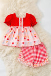 Apple printed on coral with red top & gingham shorts. OFG60705 SOL