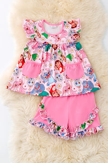  Multi-printed pink character 2 piece girls set.  OFG50663 SOL