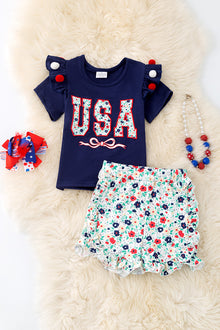  USA floral applique on navy tee & floral shorts w/ruffle trim.  OFG50581 AMY