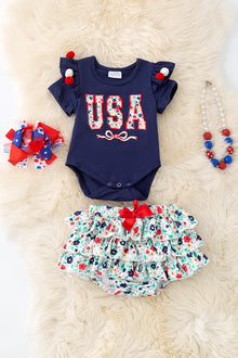  USA floral applique baby onesie w/ ruffle bloomers. OFG50582 SOL