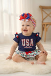 USA floral applique baby onesie w/ ruffle bloomers. OFG50582 AMY