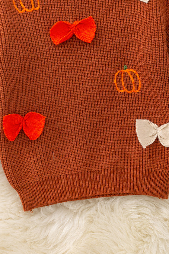 Brown pumpkin and bow knit pullover sweater. TPG50762 AMY