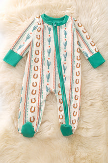  Horseshoe & Cactus printed teal trim baby onesie. (WESTERN) RPB50730 SOL