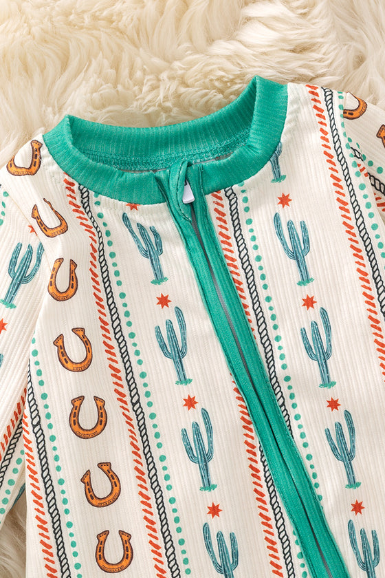 Horseshoe & Cactus printed teal trim baby onesie. (WESTERN) RPB50730 SOL