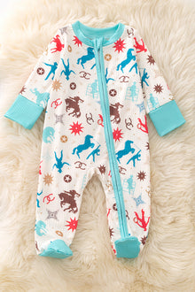  Cream western printed baby onesie with footie. RPB50729 JEAN