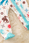 Cream western printed baby onesie with footie. RPB50729 JEAN