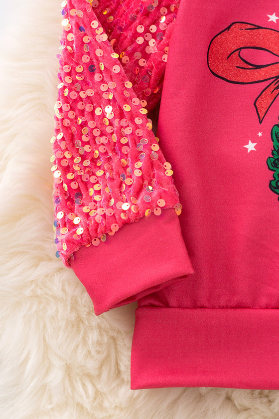 Hot pink sequins sleeves pullover sweatshirt. TPG50528 JEAN
