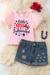 "Little Miss Independent" Pink shirt & denim shorts. OFG60440 SOL