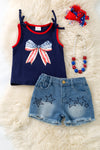 Navy blue patriotic bow printed tank top and denim distressed shorts. OFG60469 AMY